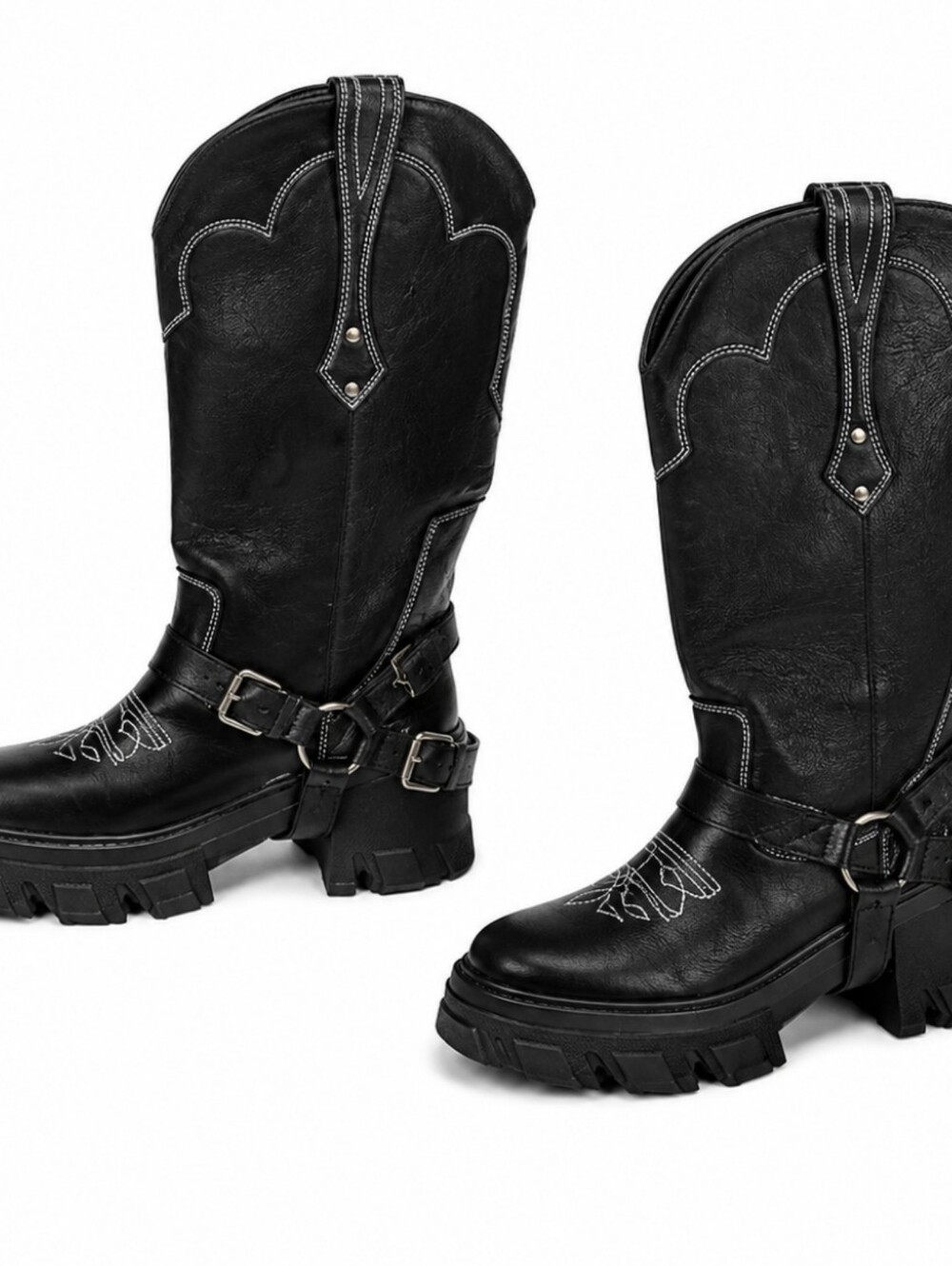 Women's Sz 8 Black Chunky Western Harness Boots with Buckle Accents